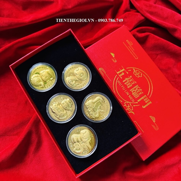 Hộp Quà Tặng 5 Đồng Xu Hình Con Rắn Mạ Vàng May Mắn